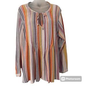 A.N.A. Womens Large Blouse Multicolor Striped Pleated Front Long Sleeve NEW